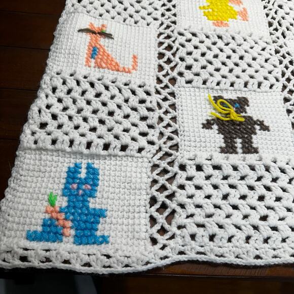Vintage Hand Knit Quilt Crochet Afghan 36” x 36” Baby Blanket Animals Nursery - Picture 2 of 10